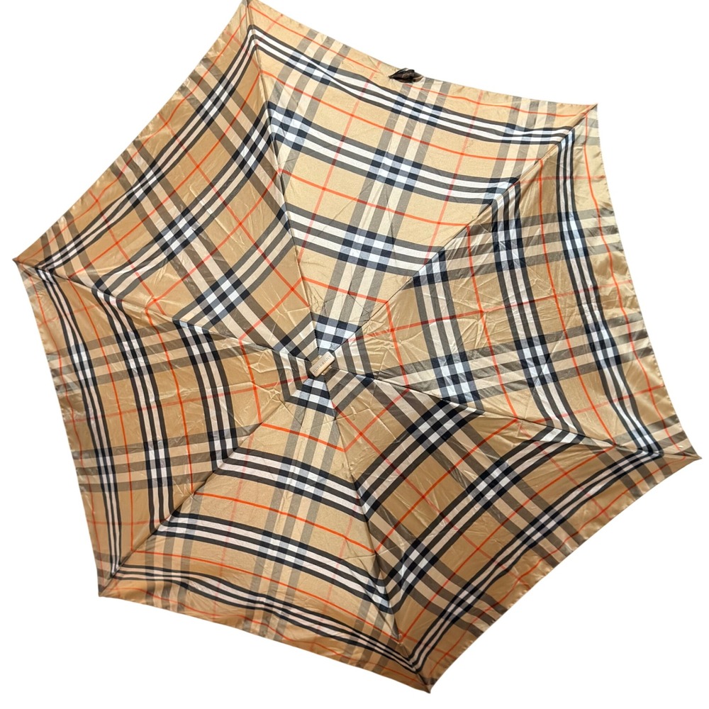 Burberry London Umbrella Nova Check Tan Black Red Folding Travel Vintage Luxury
